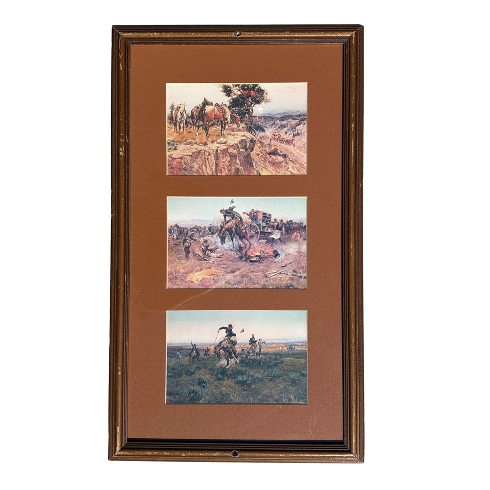 Vintage Charles M Russell Western Cowboy Art Triptych Framed Prints 21x12